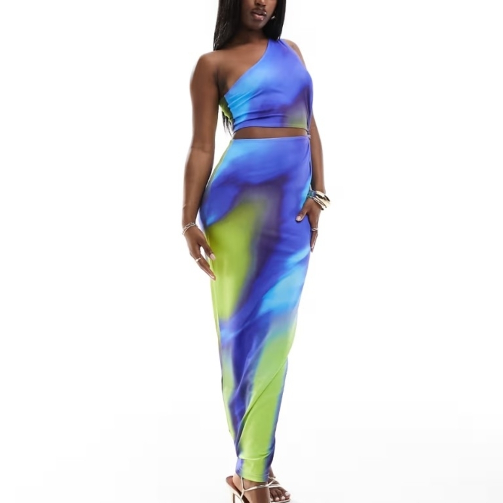 Vibrant Blue and Green One-Shoulder Dress
